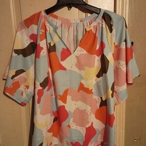 Abstract Print Flutter Sleeve Women's Top - Multi